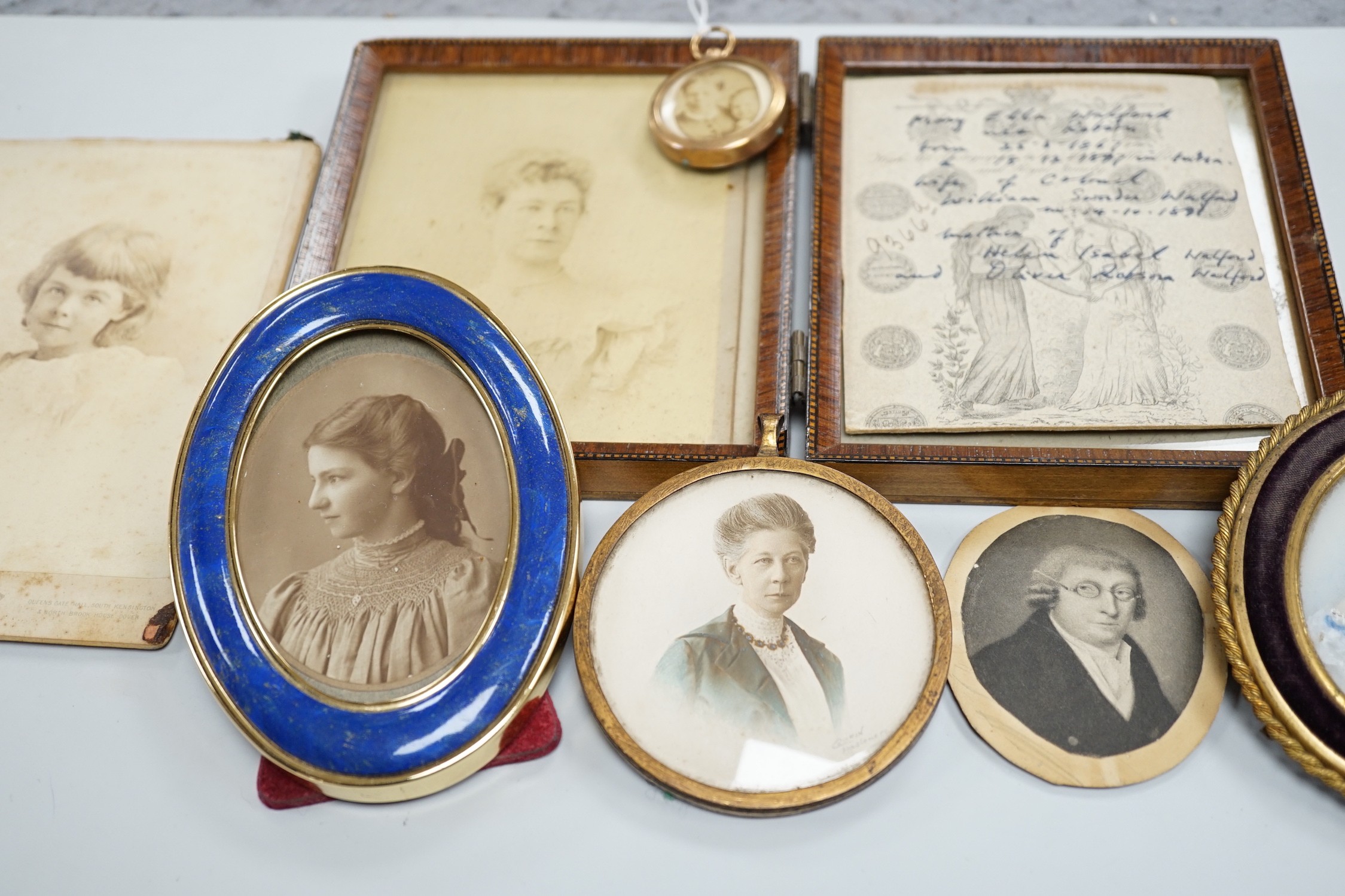 A selection of portrait photographs and miniatures relating to the Robson Family. To include the subjects of: Mary Jane Robson, Caroline Eliza Robson (1852-1947), photograph taken by Walter Charles Corin of Haslemere, Ma